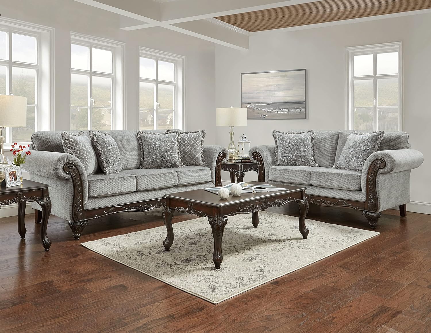 Hernen Carved Wood Frame 5-Piece Living Room Set, Gray