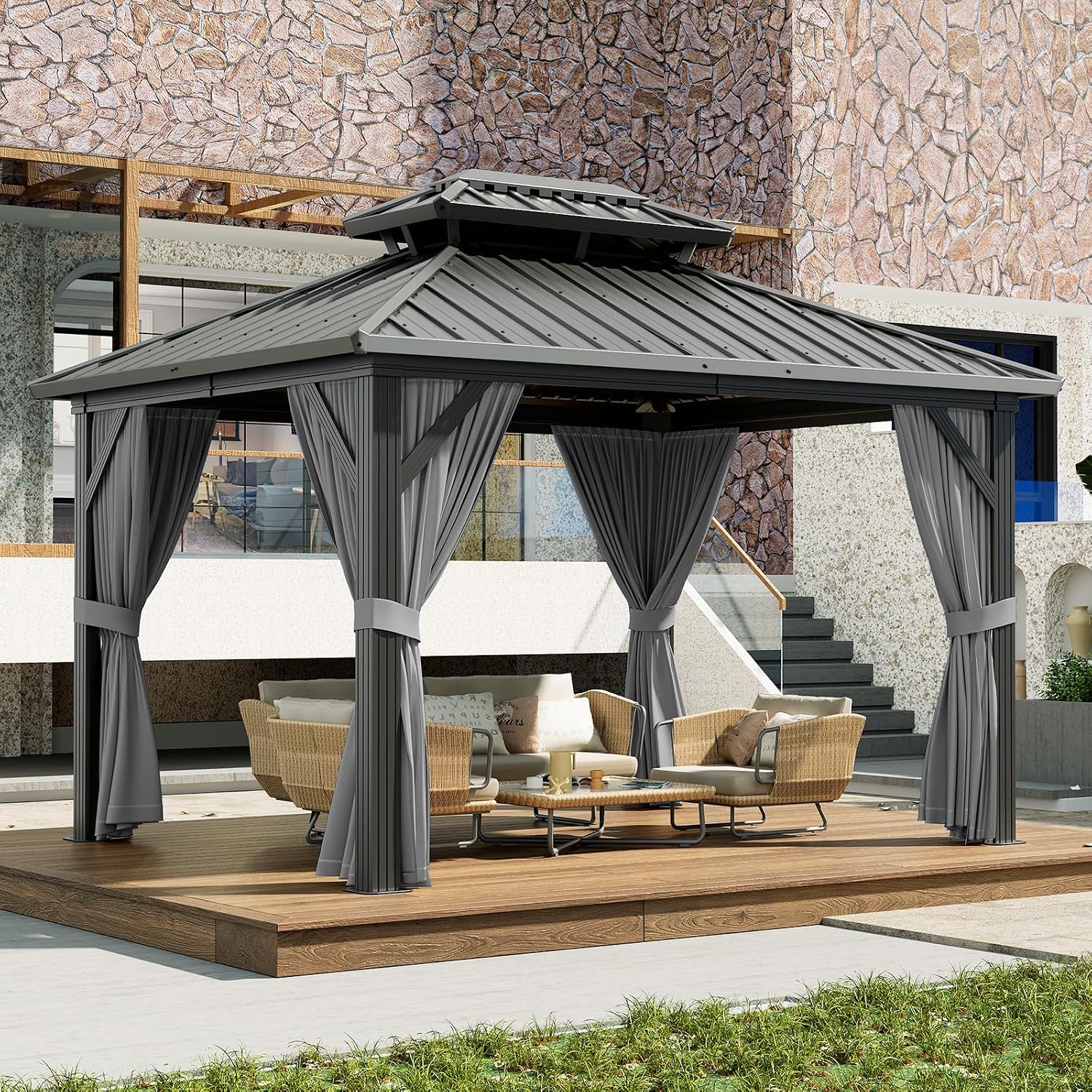 Garvee 10x12 ft Hardtop Gazebo, Outdoor Heavy Duty Galvanized Aluminum Framed Double Roof Pavilion with Netting and Curtains, Waterproof Metal Roof Gazebo for Backyard, Patio, Deck and Poolside, Grey