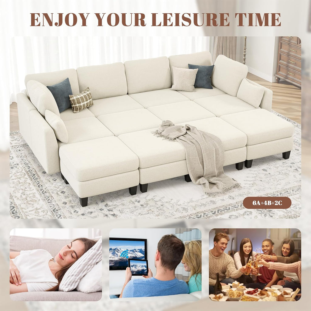 Sectional Sleeper Sofa, 8 Seaters Modular Sleeper Sofa Couch, Comfy Sectionals Couches Bed, Convertible Sofas with Ottomans, Modular Sectional Couches for Living Room, Beige