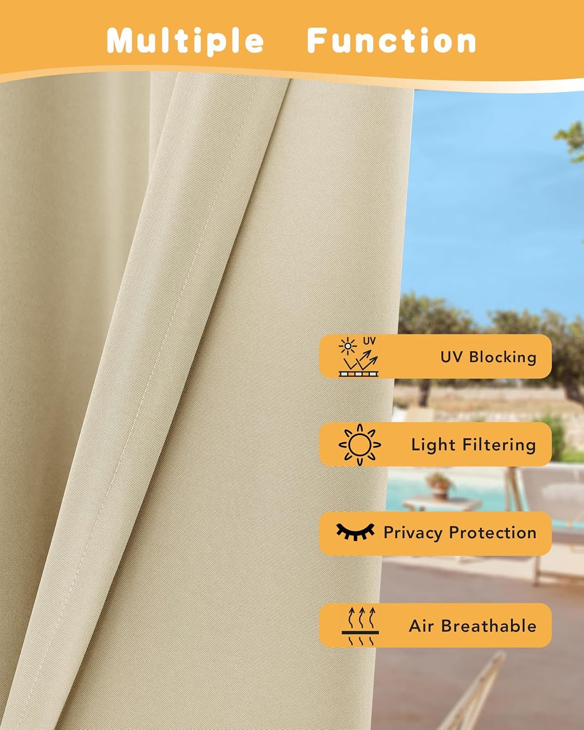 HolidayIdeas Outdoor Curtains for Patio Waterproof, 4 Panels - 84 x 95 Inch - Privacy Protection & Light Filtering Curtains Grommet Outside Curtains for Porch, Gazebo, Pergola, Backyard (Cream)