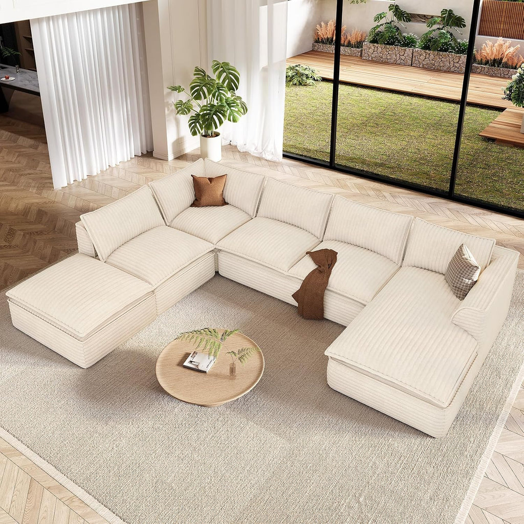 Vesgantti 141.7' Oversized Sectional Boneless Couch, Modern 7 Seater Modular Sofa with Chaise & Ottoman, Deep Seat Plush Corduroy Cloud Couches for Living Room, No Assembly Required, Beige