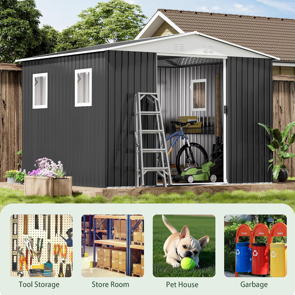 10x8 FT Large Outdoor Storage Shed with 4 Windows, Galvanized Tool Shed, Metal Garden Shed with Apex Roof & Lockable Door, Waterproof Rust-Resistant for Patio Furniture Lawnmower Bike