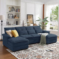 Sectional Cloud Couches for Living Room, 109' U Shaped 4 Seat Comfy Sofa with Double Chaises, Deep Seat Convertible Couch with 2 Layer Seat Cusions Waist Pillows Polyster Fabre, Blue