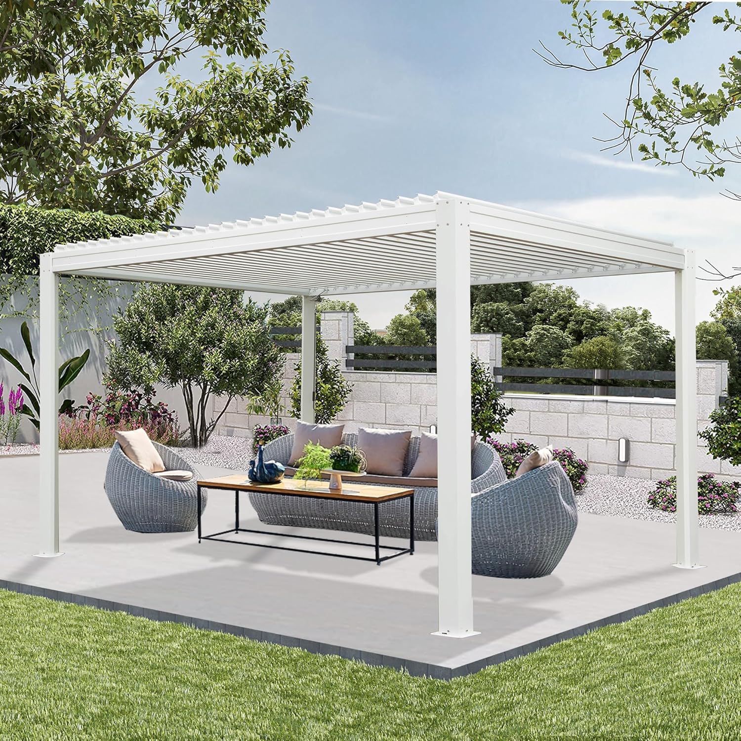 Domi Outdoor Pergola 10' x 13' Aluminum Louvered Pergola with Adjustable Roof, Aluminum Frame, Efficient Drainage System for Patio, Deck, Garden, White