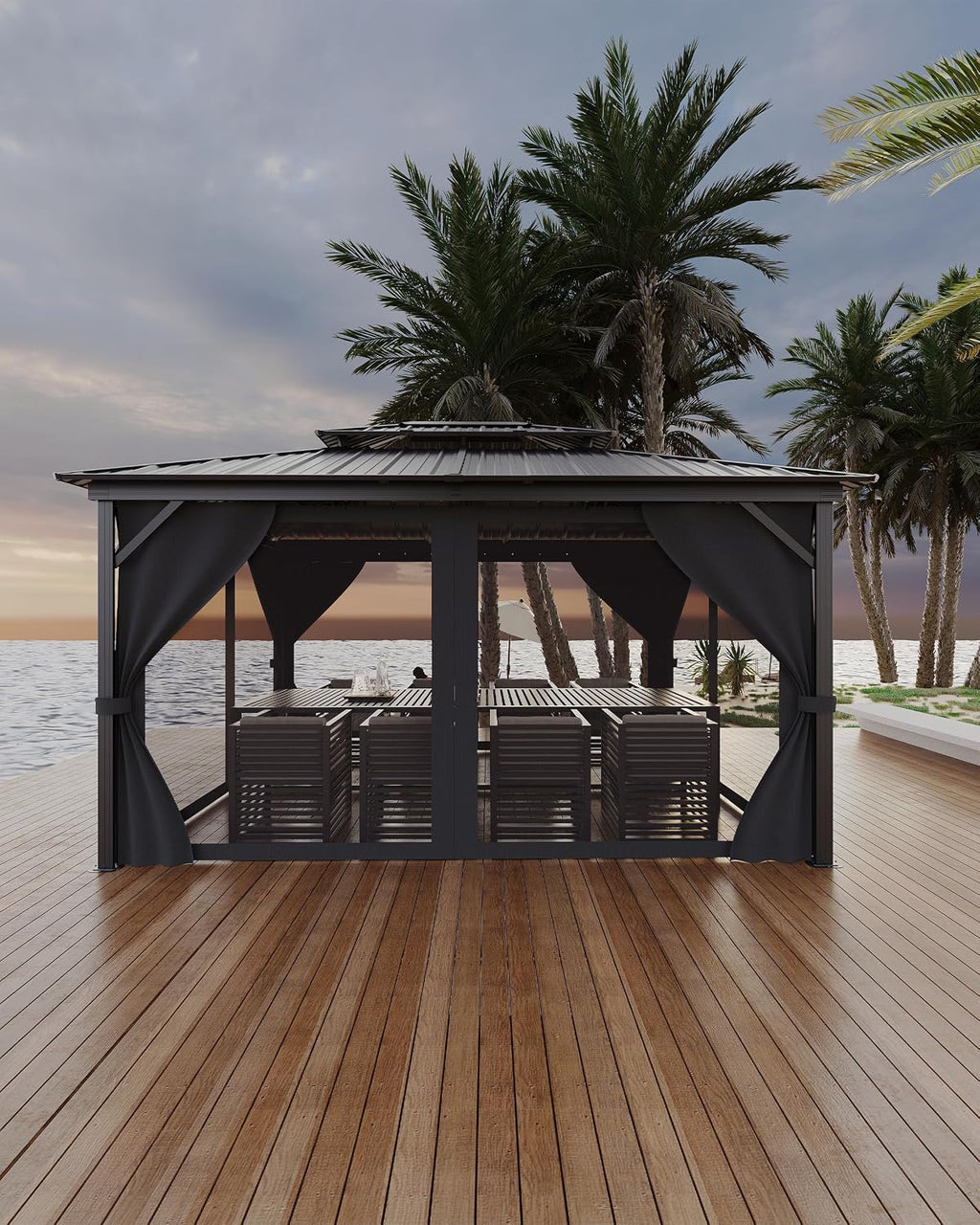 12'x14' Hardtop Gazebo - Heavy Duty Galvanized Steel Frame with Double Roof, Includes Netting & Curtains for Patio/Backyard (Gray)
