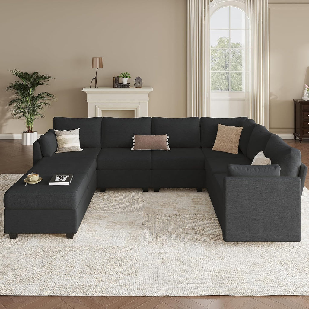 Modular Sectional Sofa Couches, Large Convertible Modular Couches with Storage, 8-Seater Sectional Sofa for Living Room, U Shaped Sectional Couch Sleeper Sofa with Chaise (Black, 8 Seats)