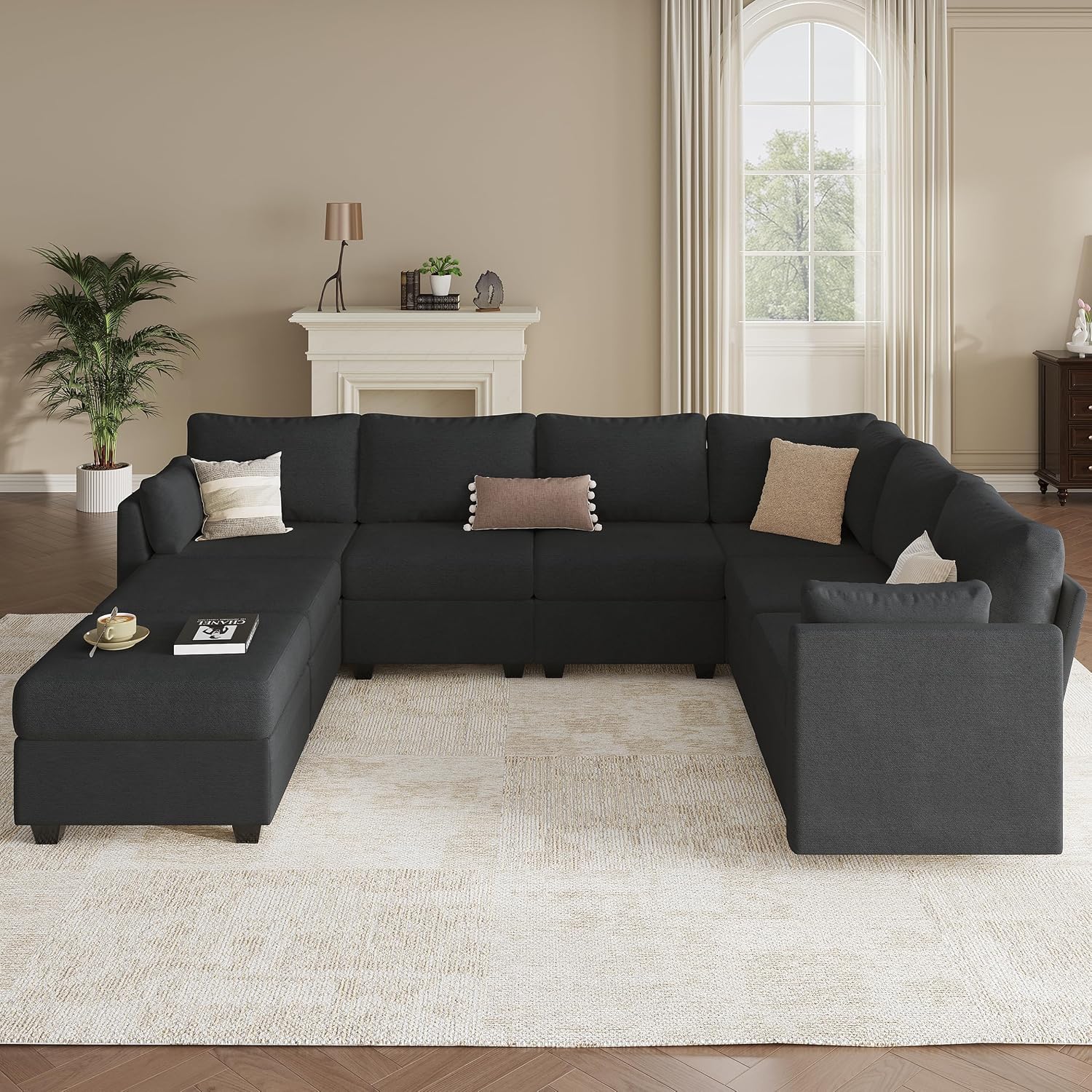 Modular Sectional Sofa Couches, Large Convertible Modular Couches with Storage, 8-Seater Sectional Sofa for Living Room, U Shaped Sectional Couch Sleeper Sofa with Chaise (Black, 8 Seats)