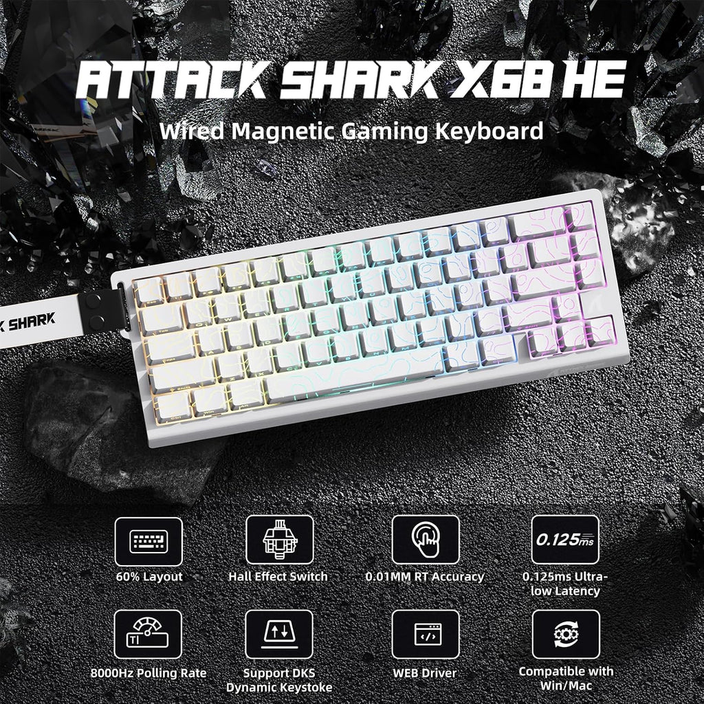 ATTACK SHARK X68 HE Wired Magnetic Keyboard with X3 Wireless Gaming Mouse Combos, 8KHz Rapid Trigger Keyboard, 0.01mm RT Accuracy, 49g Superlight Mouse, PAW3395, 26000 DPI - White Contours