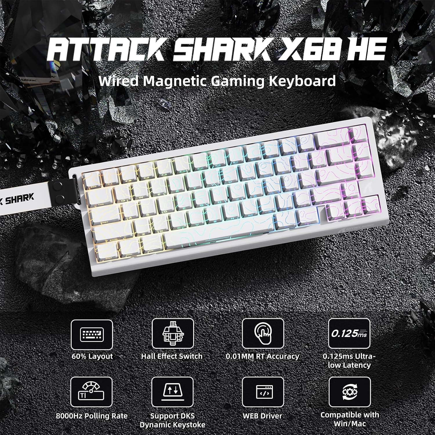 ATTACK SHARK X68 HE Wired Magnetic Keyboard with X3 Wireless Gaming Mouse Combos, 8KHz Rapid Trigger Keyboard, 0.01mm RT Accuracy, 49g Superlight Mouse, PAW3395, 26000 DPI - White Contours
