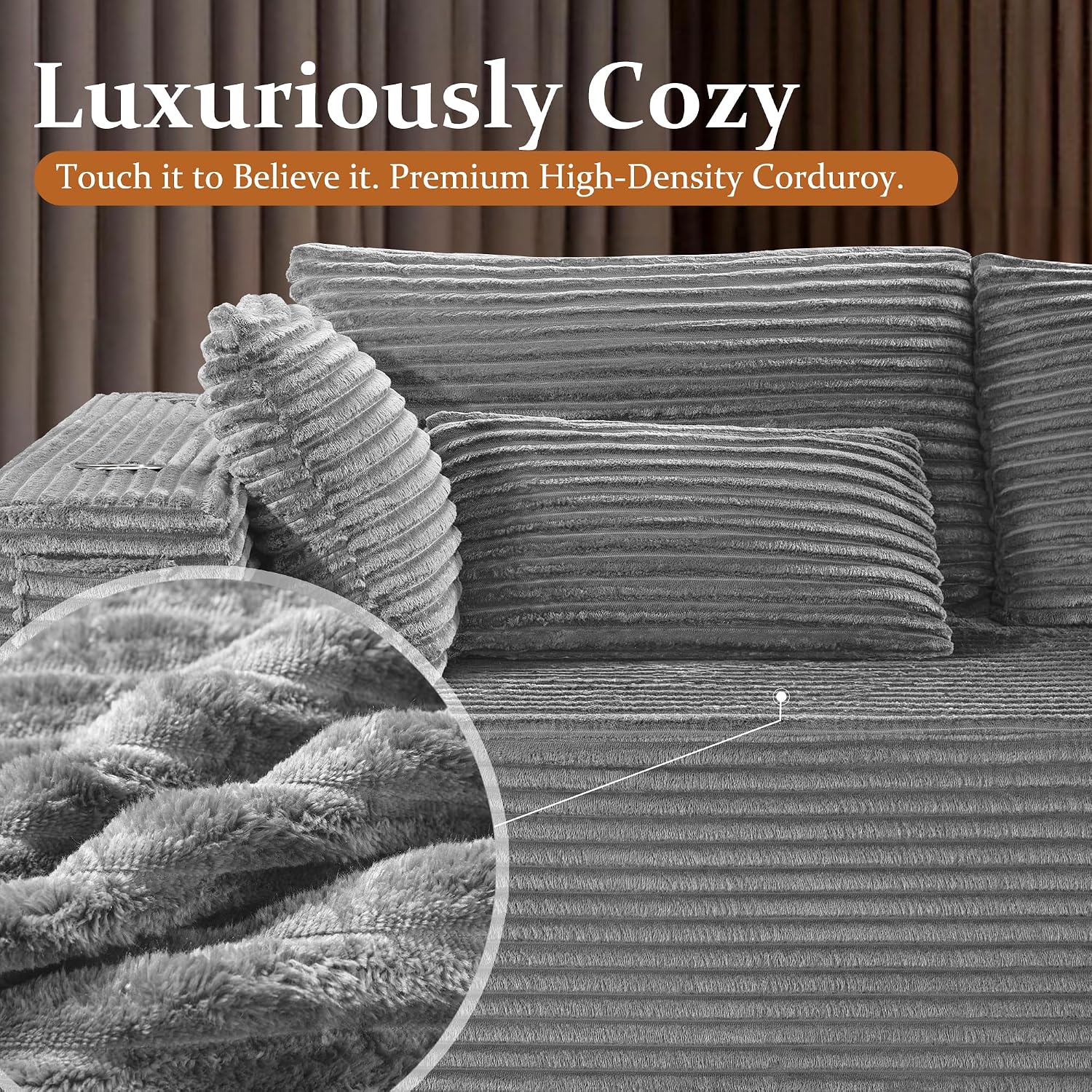 108' Cloud Sectional Couch, Comfort U Shaped Boneless Couch for Living Room, Extra Deep Seats No Assembly, Modular Sofa, Corduroy (Light Grey, 2 Seater+Right Facing Chaise+Ottoman)