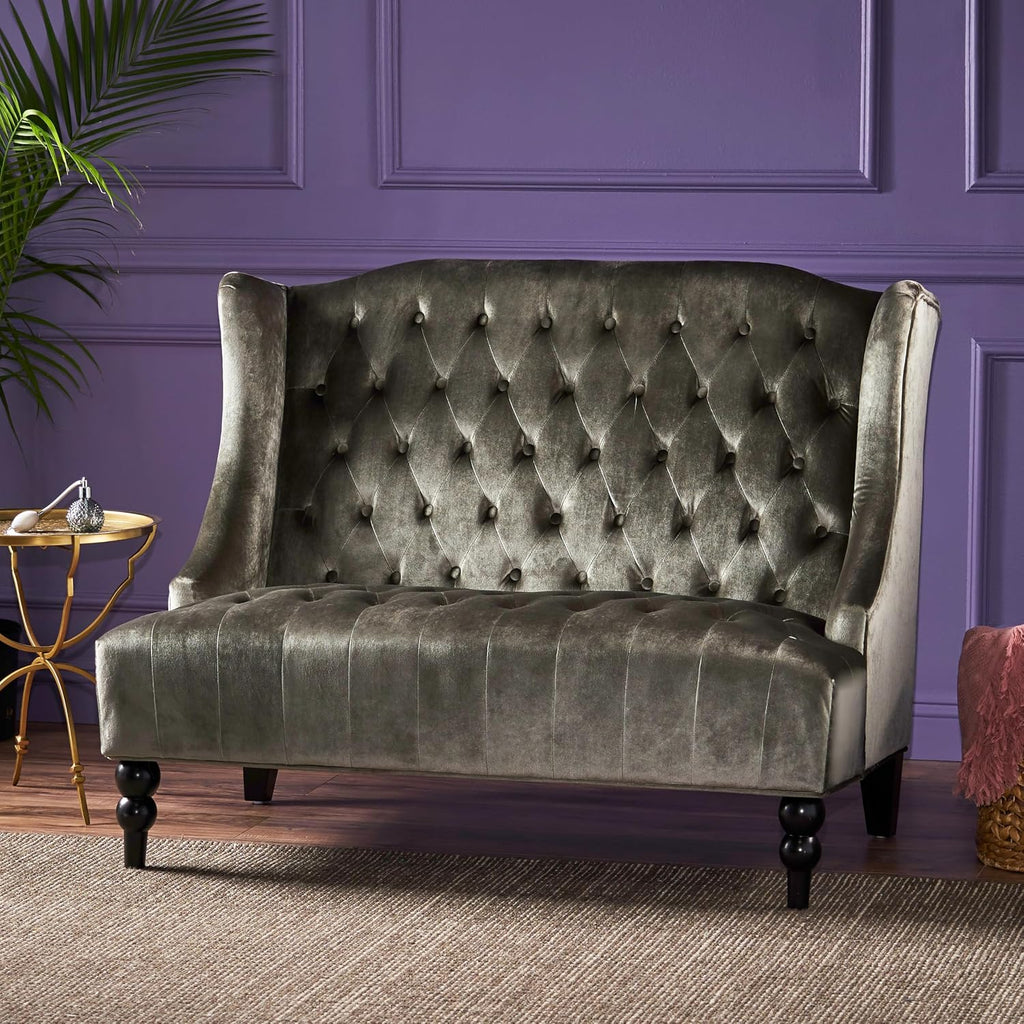 Modern Tufted Velvet Wingback Loveseat, Tufted Velvet 2 Seat Couch Sofas with High Back Thick Padded Cushioned Seats for Living Room, Victorian Style, Grey