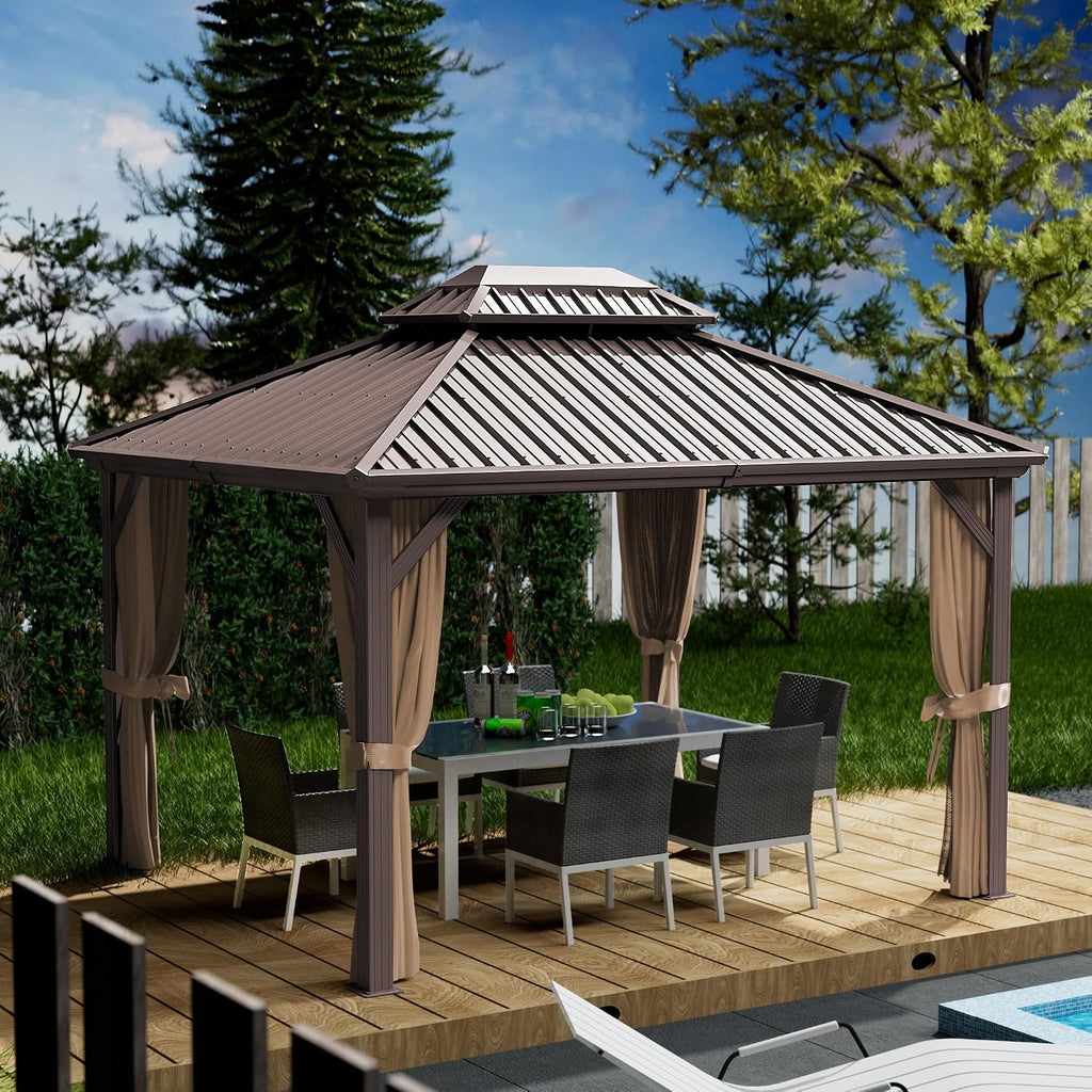 Kozyard Caesar 10'x12' Hardtop Gazebo - Permanent Metal Pavilion with Netting and Shaded Curtains for Patio, Backyard, and Deck - Galvanized Steel Outdoor Aluminum Canopy, Double Roof Gazebo (Brown)