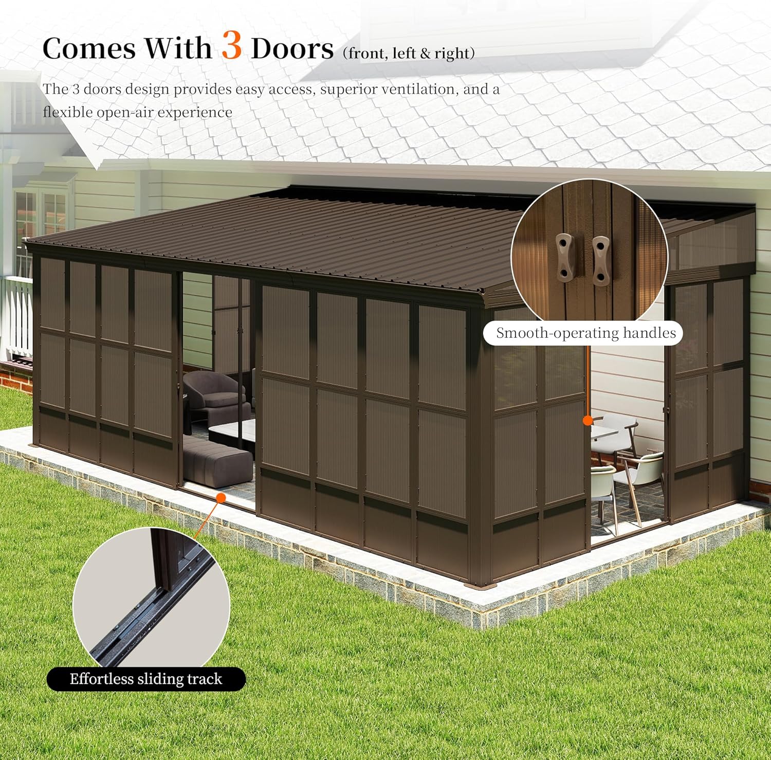 Domi 12x20FT Sunroom, Wall Mounted Sunroom Kit with Galvanized Steel Sloping Roof, Outdoor Sunroom Gazebo with Detachable PC Screen, 3 Sliding Double Doors, Lean to Sun Room for Patio, Deck