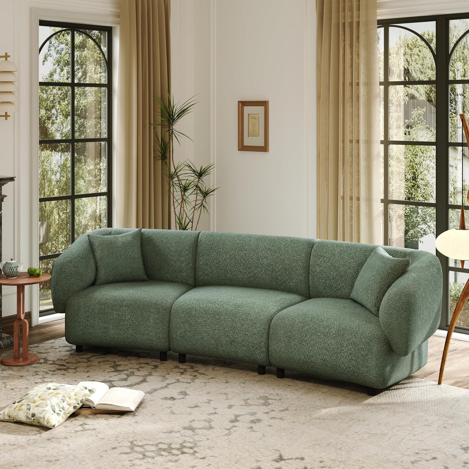 Merax 98.5' Modern 3 Seater Curved Sofa, Luxury Boucle Fabric Sofa, Minimalist Cozy Cloud Couch for Living Room, Bedroom, Apartment, Home Office, Green