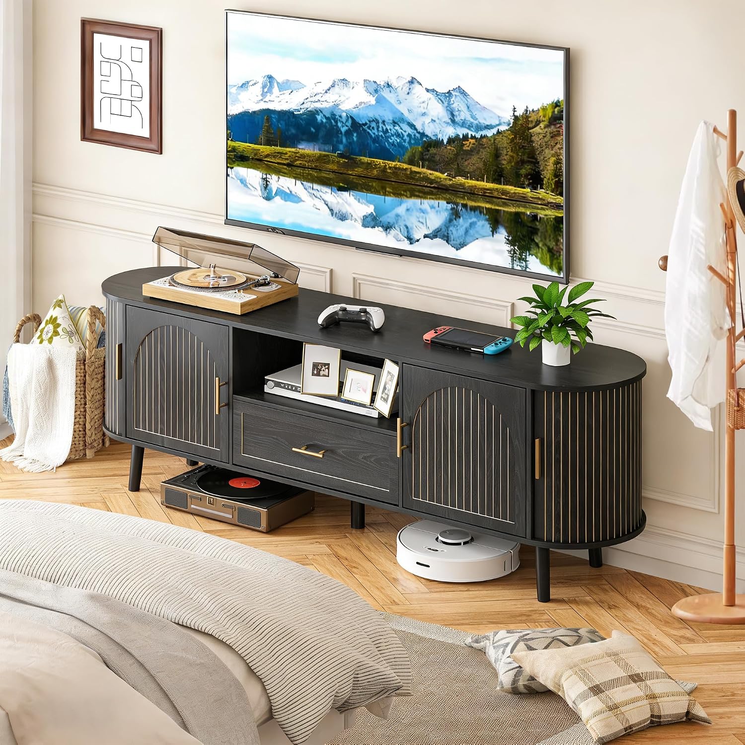 70' Fluted TV Stand for Tvs up to 80', Mid-Century Modern Entertainment Center with Drawers and Fluted Doors, Curved TV Media Console Table with Sliding Doors for Living Room, Bedroom (70' Black)