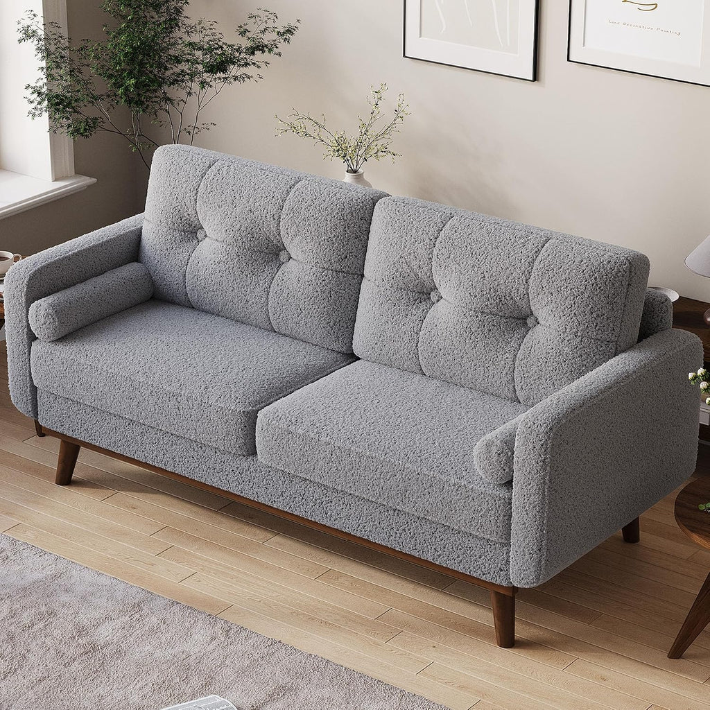 IDEALHOUSE 65' Mid Century Modern Couch Sofa Loveseat, Comfy Love Seat Couches for Living Room, 2 Seater Teddy Fleece Boucle Upholstered Deep Seat Couch for Bedroom Office Small Space, Gray