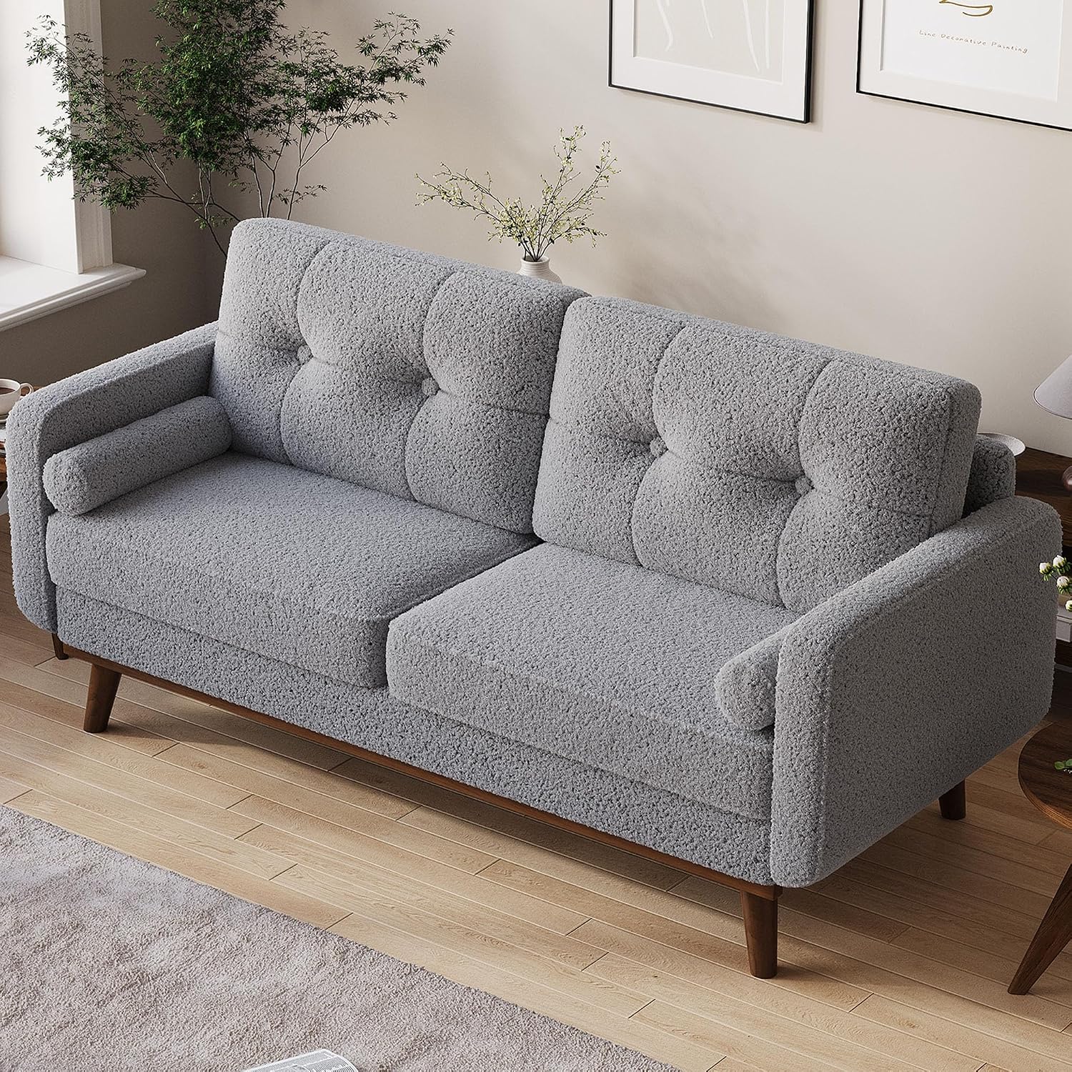 IDEALHOUSE 65' Mid Century Modern Couch Sofa Loveseat, Comfy Love Seat Couches for Living Room, 2 Seater Teddy Fleece Boucle Upholstered Deep Seat Couch for Bedroom Office Small Space, Gray