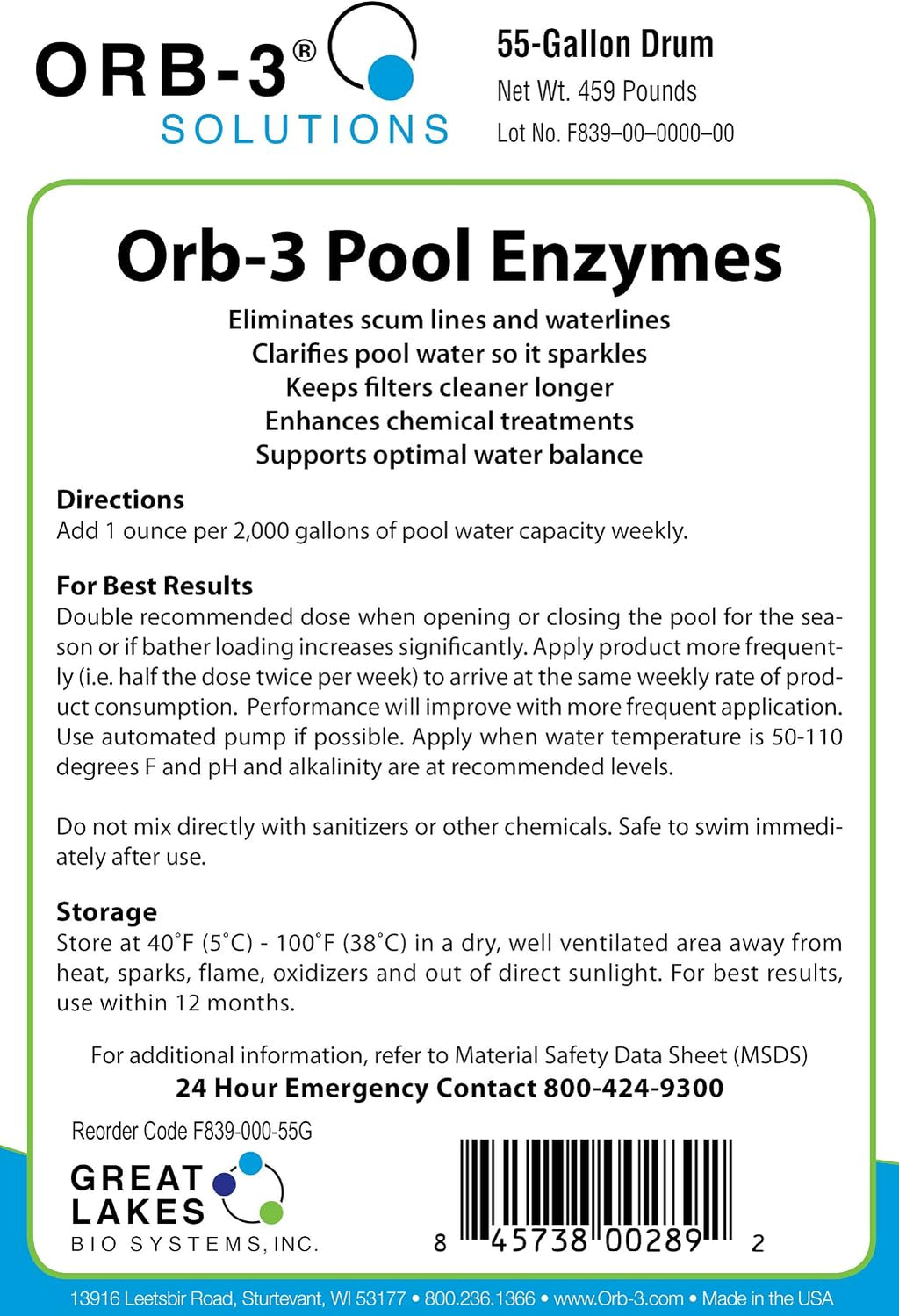 Orb-3 F839-000-55G Pool Enzymes for Maintenance, 55-Gallon Drum