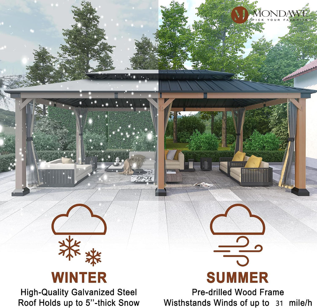 Cedar Wood Gazebo 12x20Ft Hardtop Gazebo with Netting, Outdoor Permanent Gazebo Pergola with Galvanized Steel Double Roof Pavilion for Patio Lawn Garden