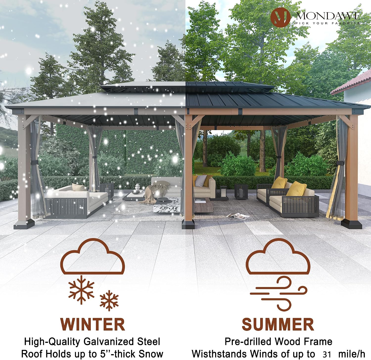 Cedar Wood Gazebo 12x20Ft Hardtop Gazebo with Netting, Outdoor Permanent Gazebo Pergola with Galvanized Steel Double Roof Pavilion for Patio Lawn Garden