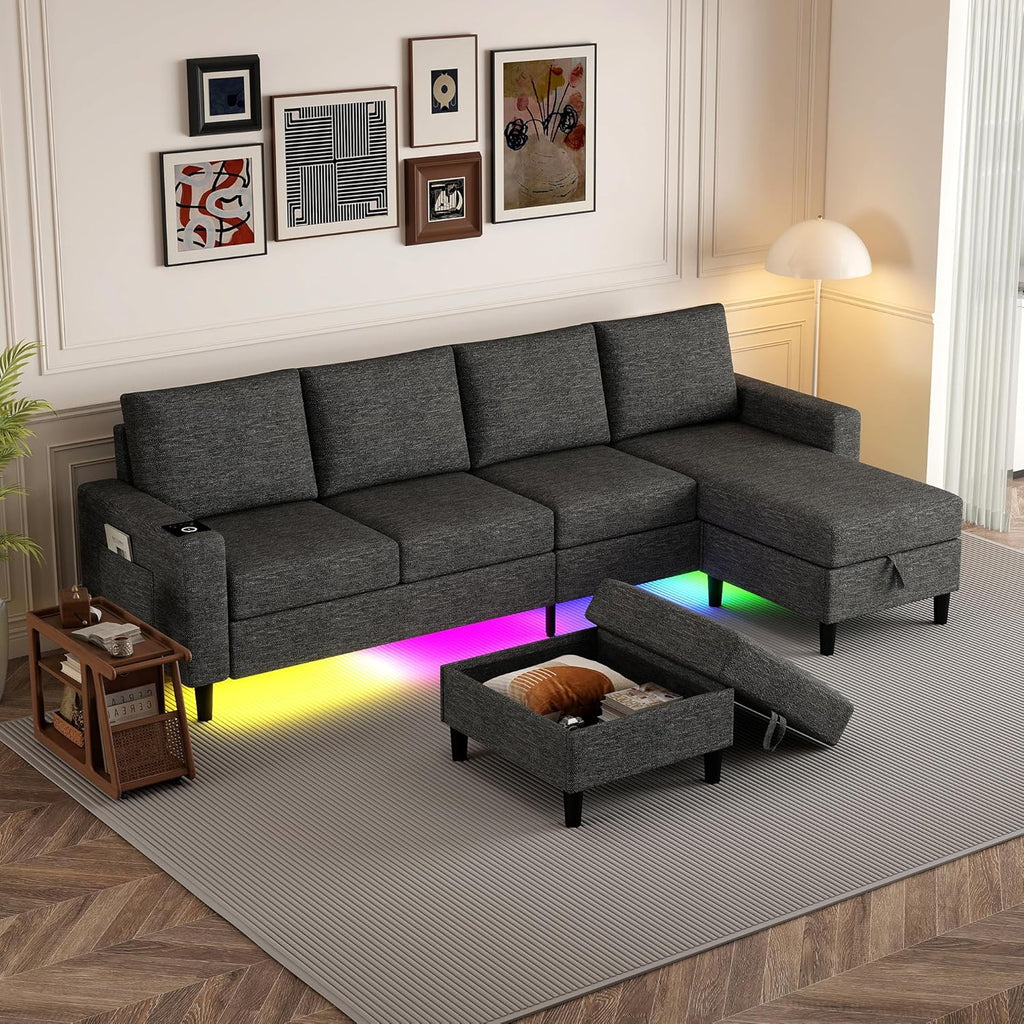 Sectional Couches for Living Room, 4 Seat Sectional Sofa with Smart Module-Wireless Charging/USB/Type-C/RGB Light, U Shaped Couch with Reversible Chaise Lounge/Storage Ottoman (Dark Grey)