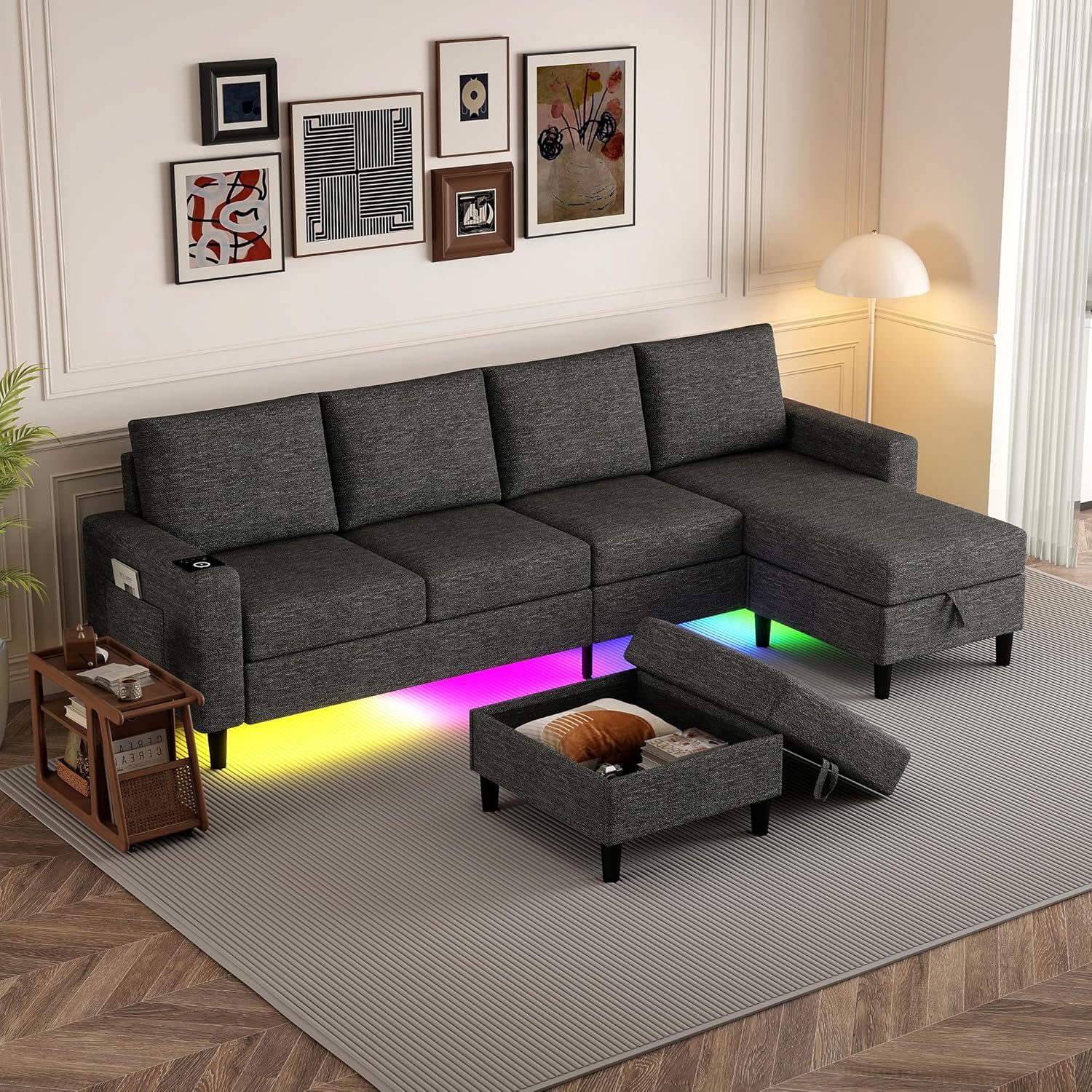 Sectional Couches for Living Room, 4 Seat Sectional Sofa with Smart Module-Wireless Charging/USB/Type-C/RGB Light, U Shaped Couch with Reversible Chaise Lounge/Storage Ottoman (Dark Grey)
