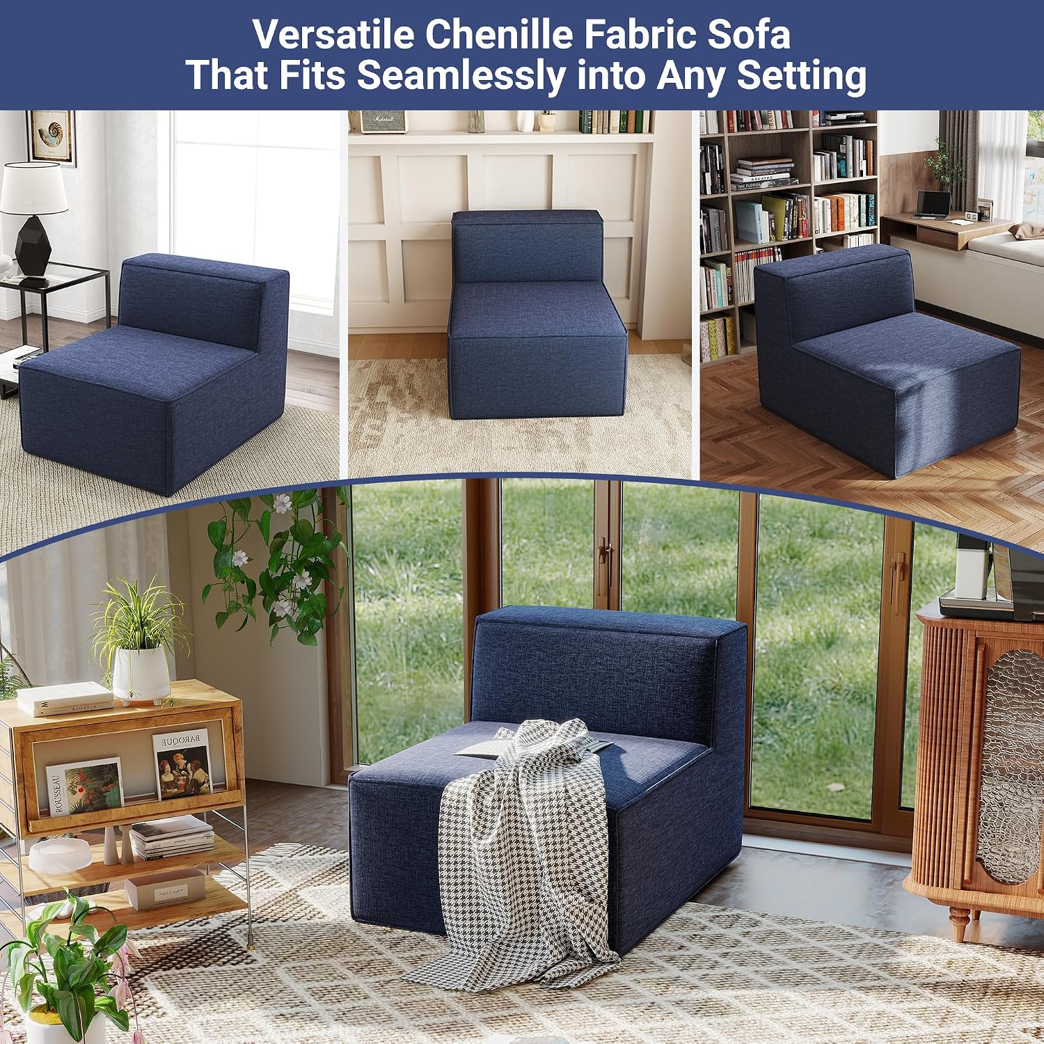 38' Modular Sectional Sofa Convertible Cube Couch Seat Set, Combine L-Shaped U-Shaped, Free Assembly, Space-Saving for Living Room, Thick Foam Fabric Chenille Blue (Only Armless)
