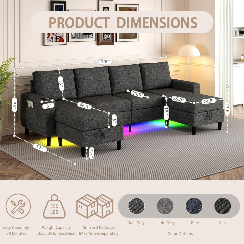 Sectional Couches for Living Room, 4 Seat Sectional Sofa with Smart Module-Wireless Charging/USB/Type-C/RGB Light, U Shaped Couch with Reversible Chaise Lounge/Storage Ottoman (Dark Grey)
