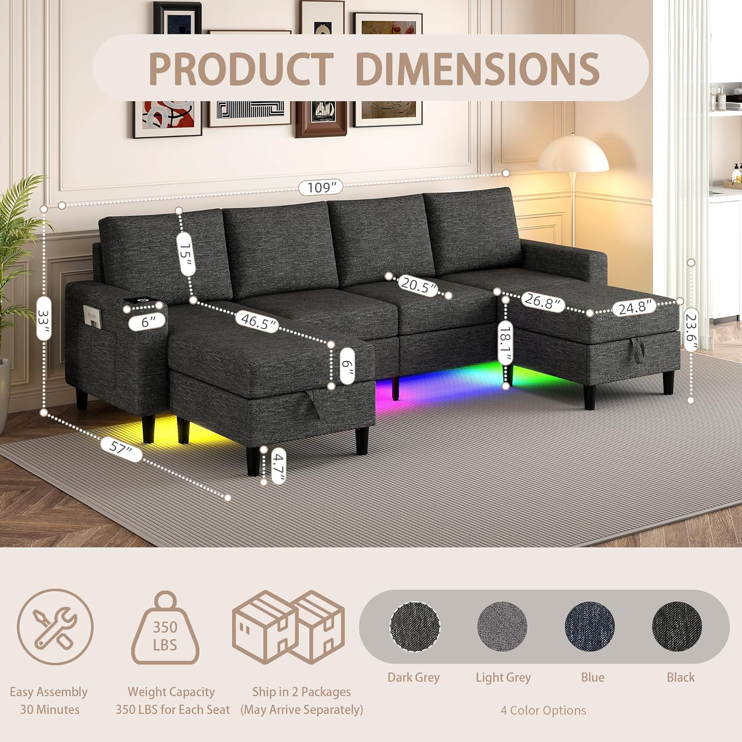 Sectional Couches for Living Room, 4 Seat Sectional Sofa with Smart Module-Wireless Charging/USB/Type-C/RGB Light, U Shaped Couch with Reversible Chaise Lounge/Storage Ottoman (Dark Grey)