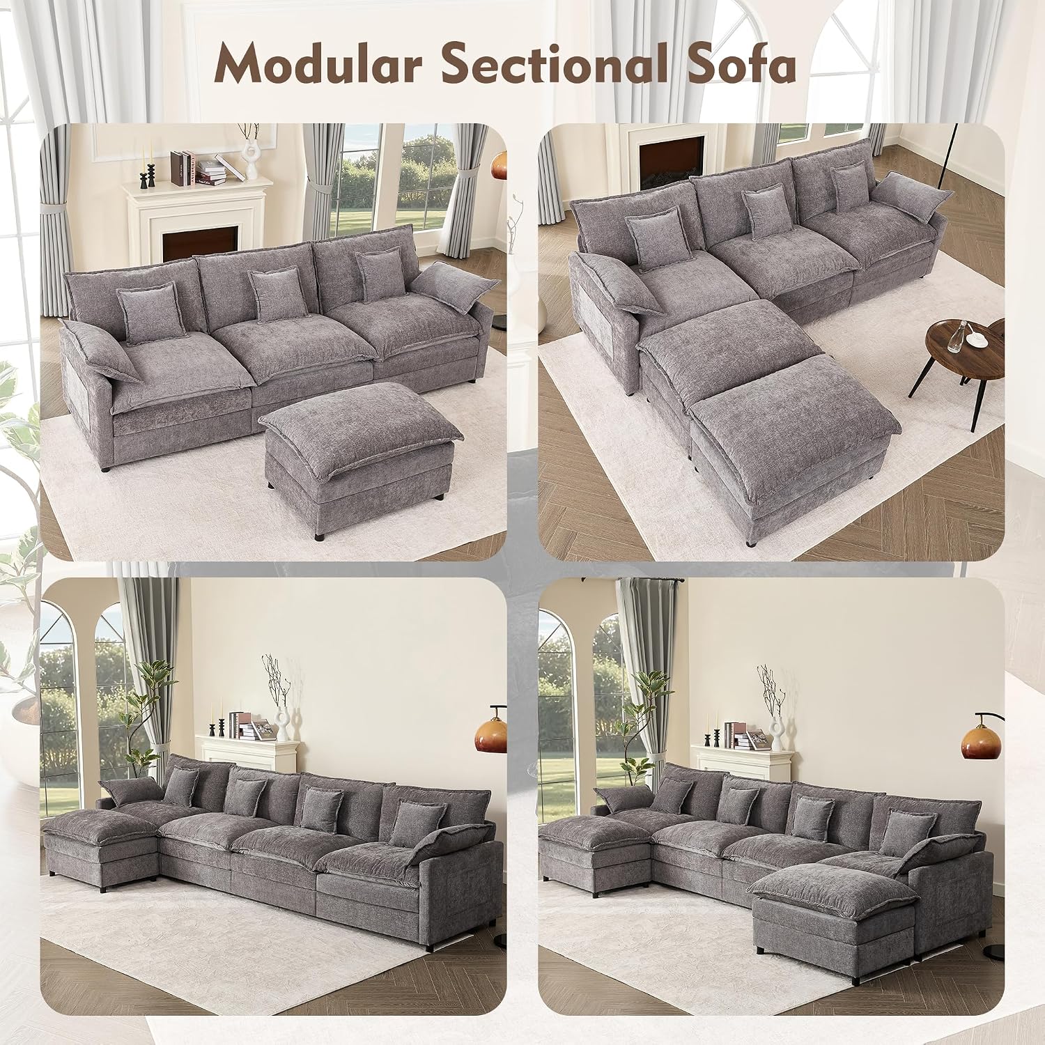 GOSUHI 142.5' U Shaped Couch, Modular Sectional Sofa, 3-Seater Comfy Cloud Couch, Set of Modular Pieces with Movable Ottoman, Deep Seat Couches for Living Room, Chenille, Slate