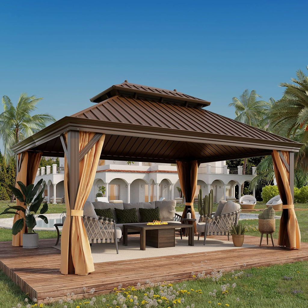 12'x16' Hardtop Gazebo Outdoor Aluminum Patio Double Roof Galvanized Steel Canopy with Netting and Curtains for Garden, Backyard, Deck and Lawns.