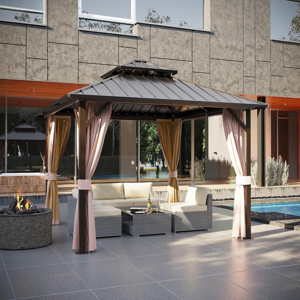 Joyside 10' X 10' Double-Tier Hardtop Gazebo, Aluminum Metal Gazebo with Iron Material Roof, Curtain and Netting, Permanent Gazebo Pavilion for Patio, Backyard, Deck, Lawn