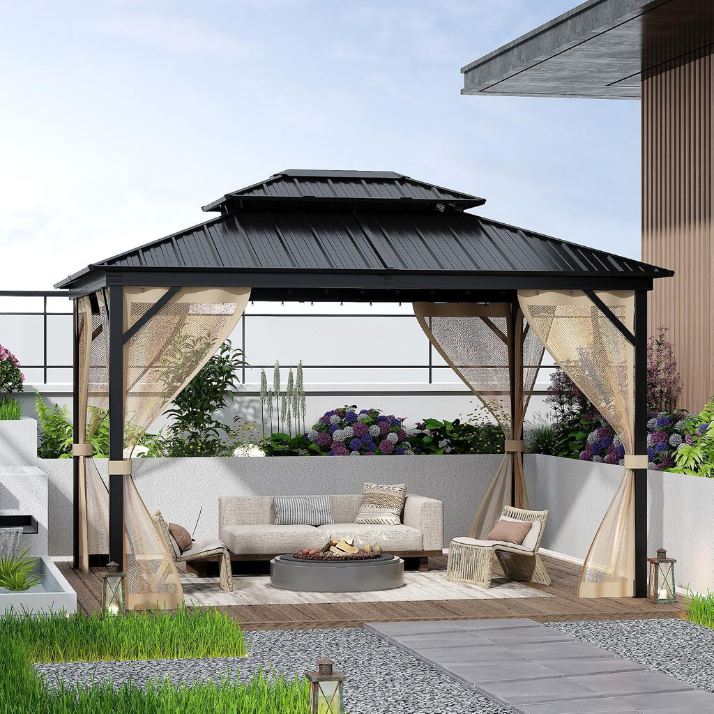 Takywep 10 x14Ft Hardtop Gazebo for All Weather, Outdoor Gazebo with Double Metal Roof, Aluminum Frame Gazebo with Net and Curtain, Heavy Duty Canopy for Patio, Deck, Backyard, Lawn, and Garden