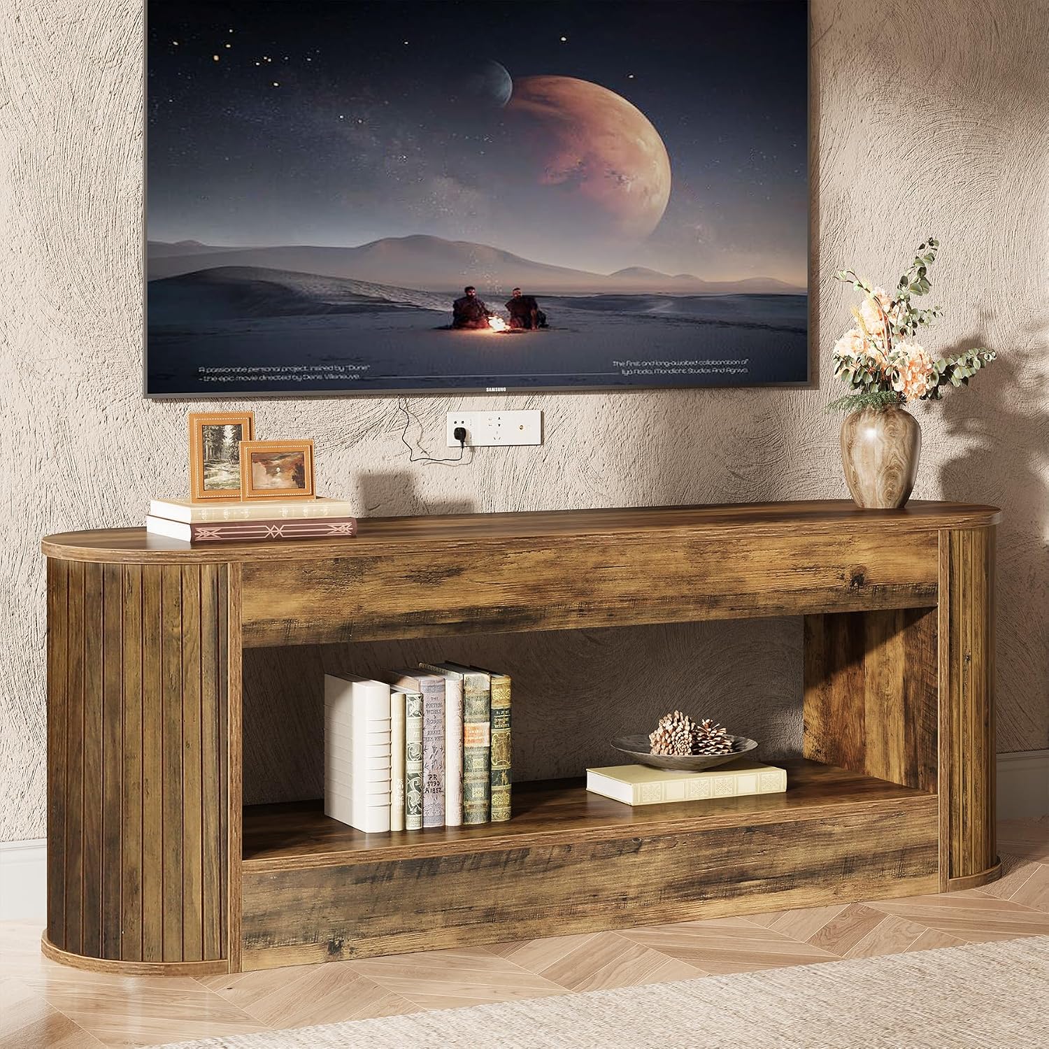 Tribesigns 63' TV Stand with Storage for 55/60/65/75 Inches TV, 2-Tier Farmhouse Television Stands with Fluted Panels, Entertainment Center Media Console for Living Room & Bedroom, Brown
