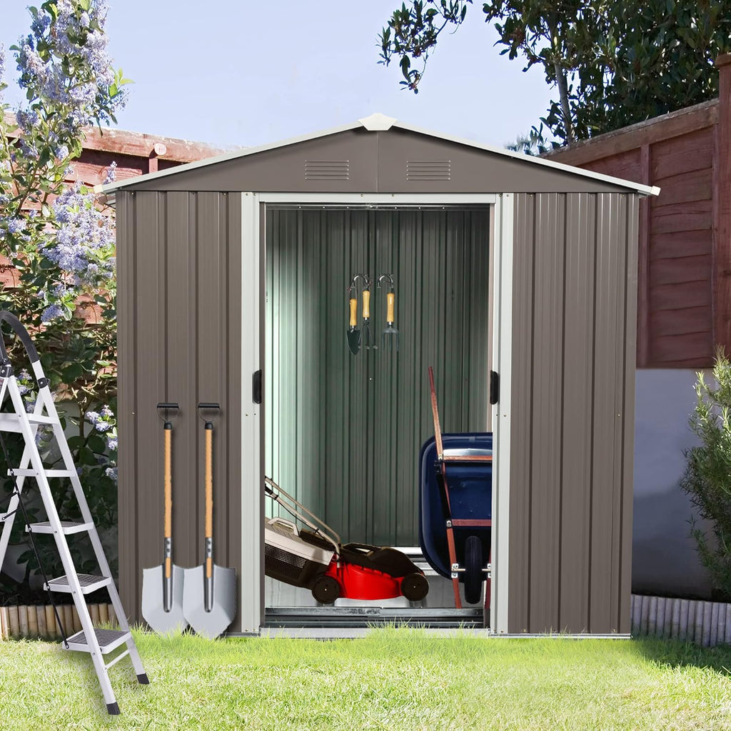 6X5 ft Outdoor Metal Storage Shed with Floor Floor, Lockable Galvanized Steel Tool Shed with Sliding Door and Air Vent, Waterproof Garden Storage House for Backyard, Patio