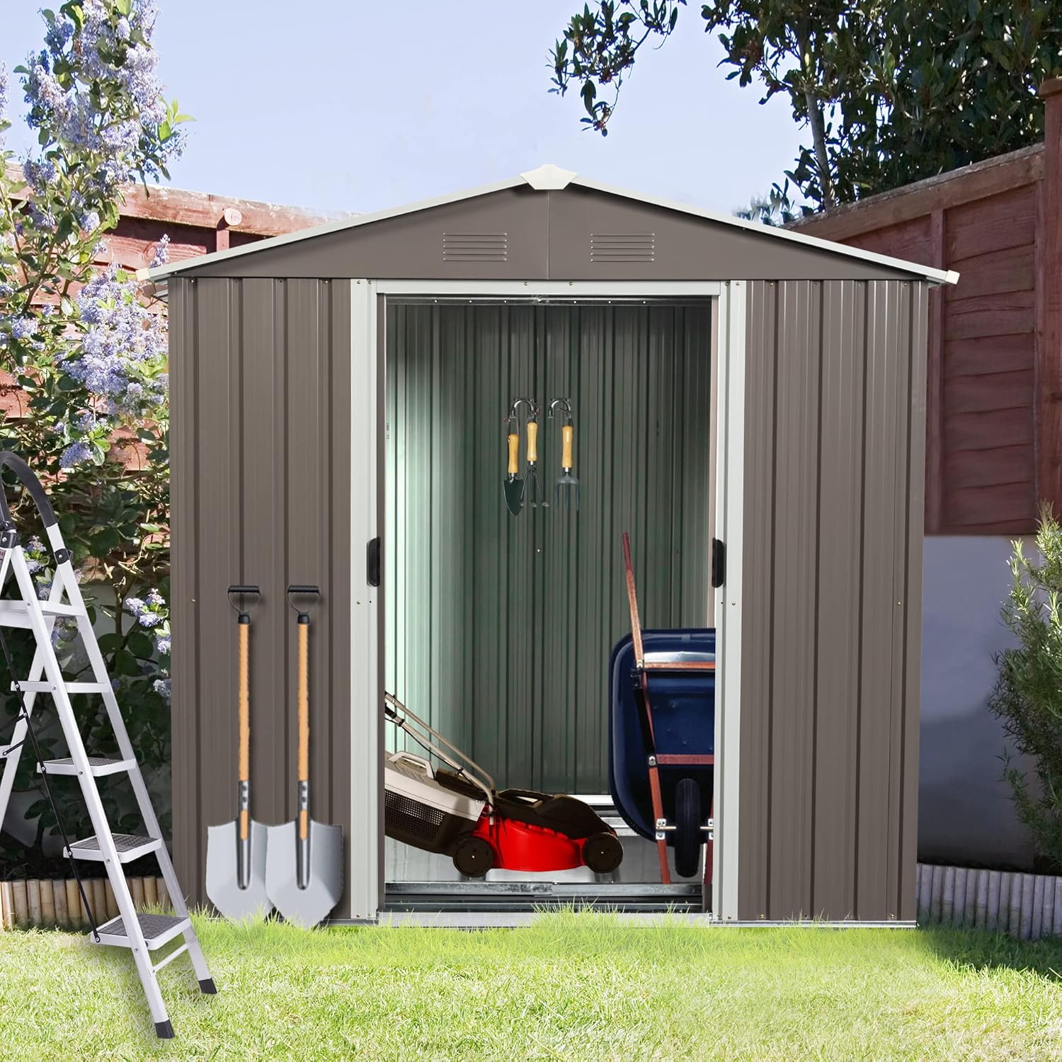 6X5 ft Outdoor Metal Storage Shed with Floor Floor, Lockable Galvanized Steel Tool Shed with Sliding Door and Air Vent, Waterproof Garden Storage House for Backyard, Patio