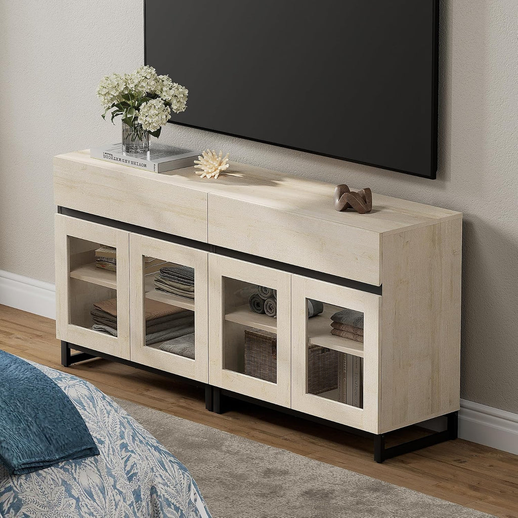 WAMPAT Modern TV Stand with Glass Doors for 40-70 inch TVs, 2 in 1 Entertainment Center Console with 2 Drawers and Metal Base for Living Room, Bedroom, Beige