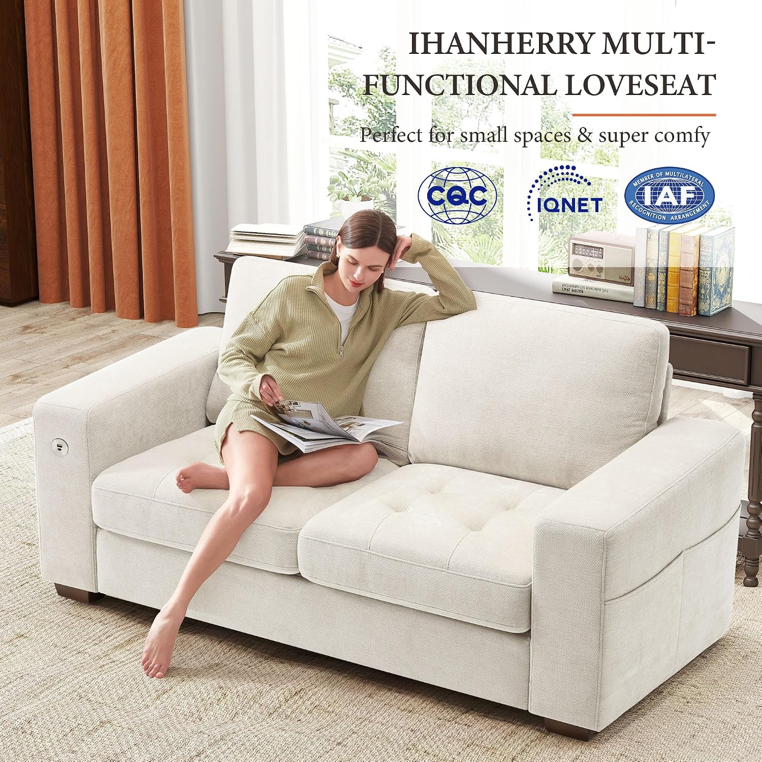 Ihanherry Modern Sofa Living Room Loveseat with USB/Type-C Charging Port, Comfy 2-Seats Chenille Recliner Sofa for Small Space, Removable Medium Firm Sofa Cushion, (70inch, Beige)