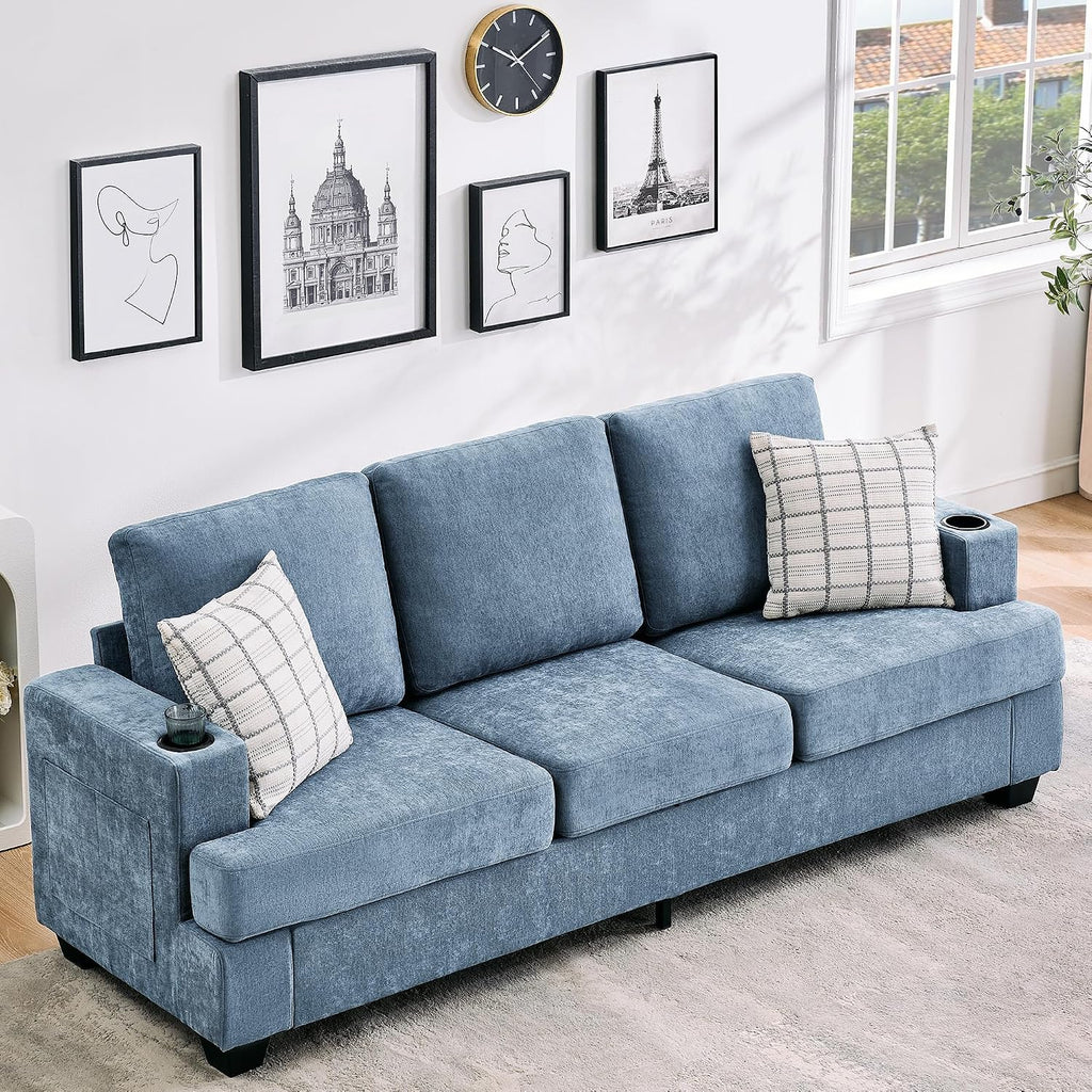 89' Chenille 3-Seater Sofa with Cup Holders and Side Storage Pockets, Modern Sofa for Living Room, Deep Seat Couches for Apartment Lounge, Blue