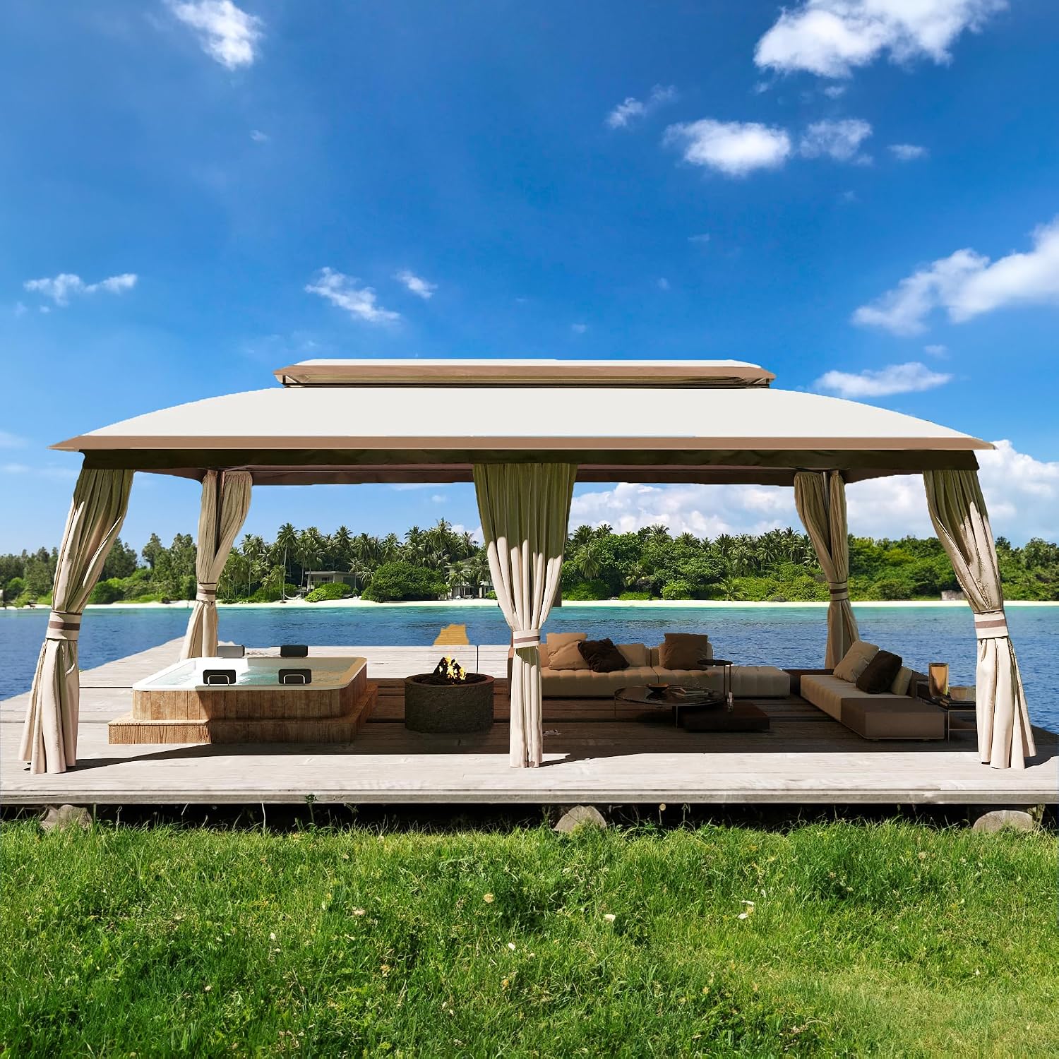 Outdoor Patio Gazebo 10'x20', CPAI-84 Heavy Duty Party Tent & Shelter with Double Roofs, Mosquito Netting and Privacy Curtains for Backyard, Garden, Lawn, Beige