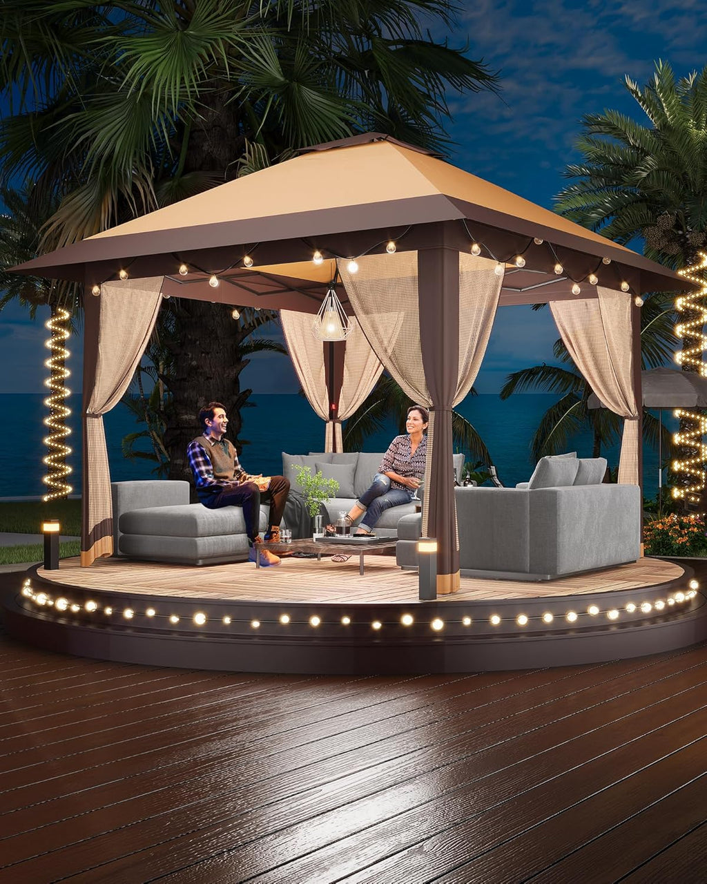 13x13 Pop Up Gazebo, Outdoor Canopy Tent with Double Roof and Mesh Netting, Gazebo Tent with Large Space and Adjustable Height for Backyard, Garden, Patio, Lawn, Khaki + Light Khaki