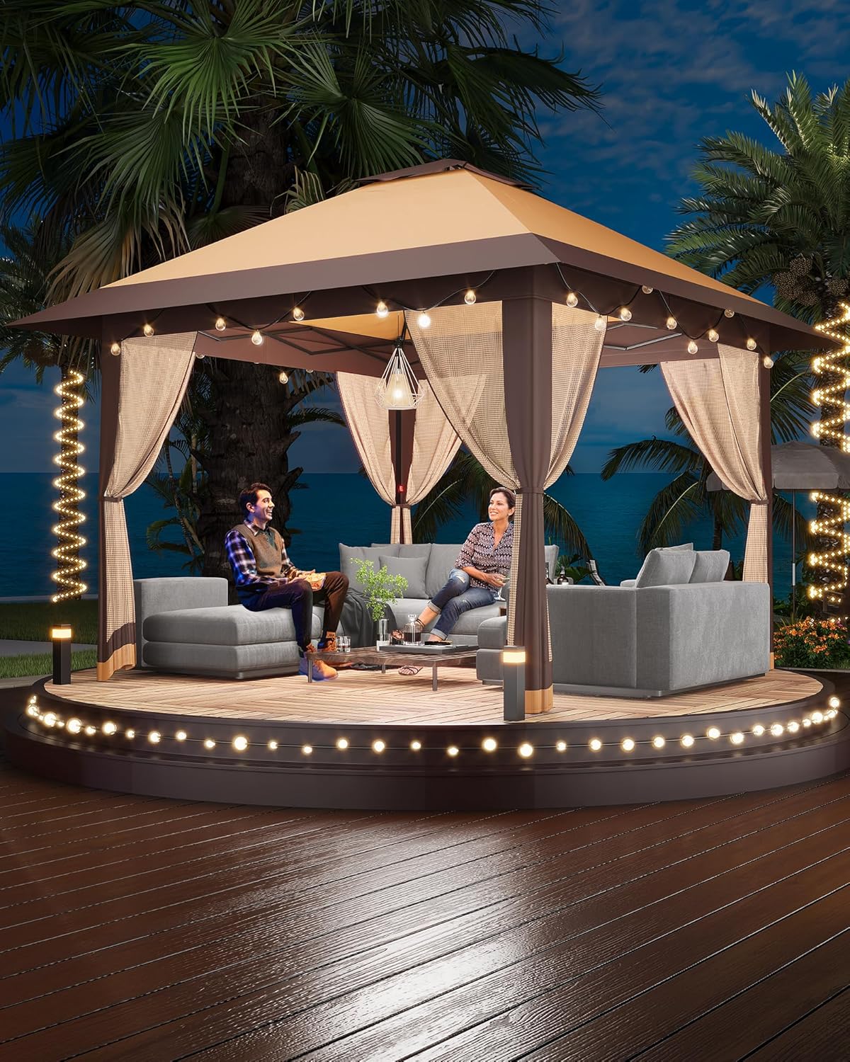 13x13 Pop Up Gazebo, Outdoor Canopy Tent with Double Roof and Mesh Netting, Gazebo Tent with Large Space and Adjustable Height for Backyard, Garden, Patio, Lawn, Khaki + Light Khaki