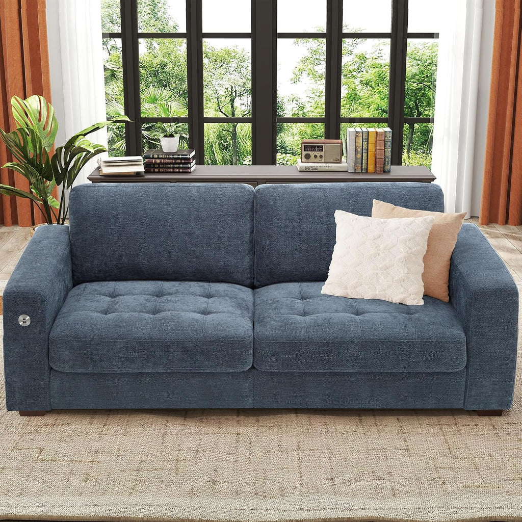 Ihanherry Modern Sofa Living Room Couch with USB/Type-C Charging Port, Comfy 3-Seats Chenille Recliner Sofa for Small Space, Removable Medium Firm Cushion, (89inch, Blue)