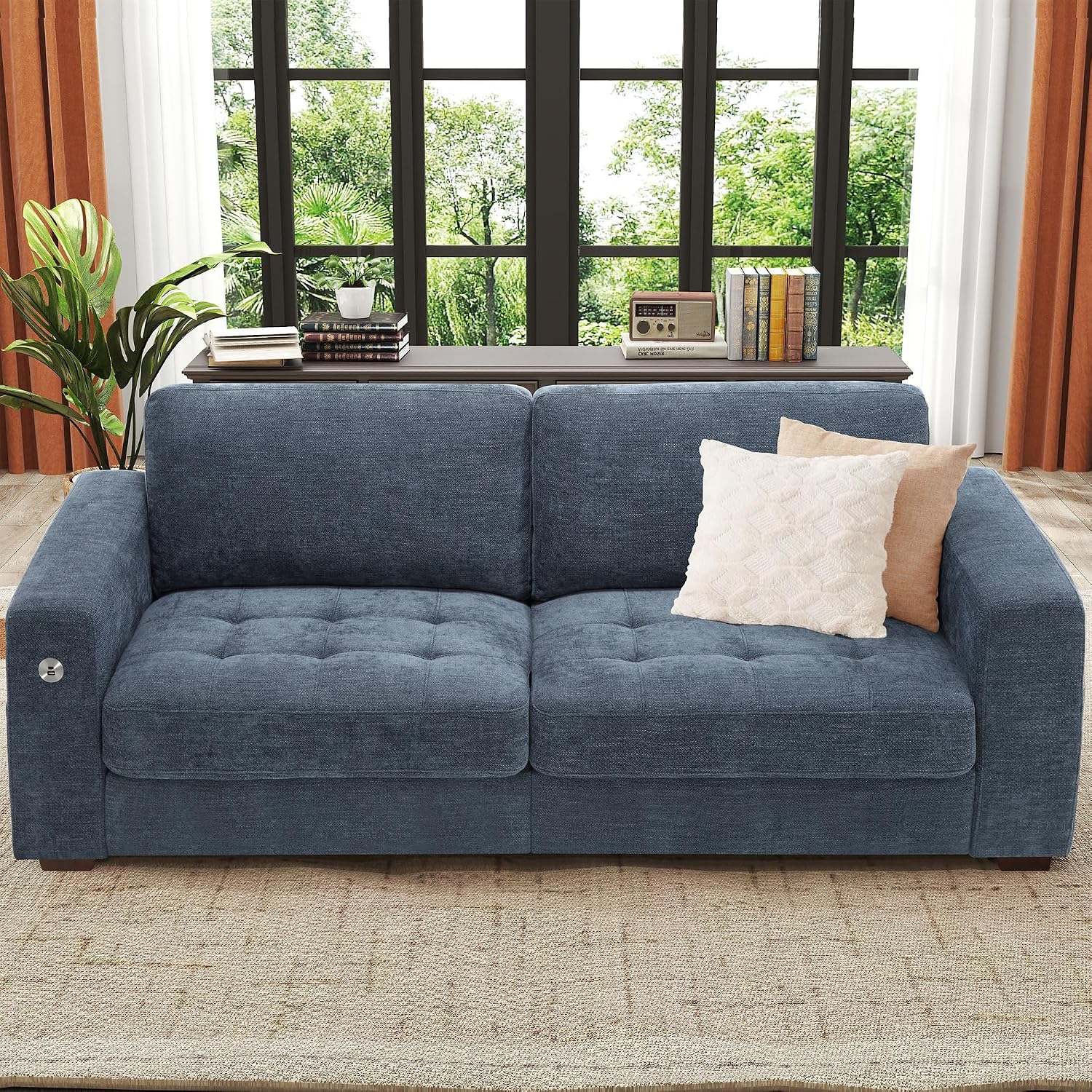 Ihanherry Modern Sofa Living Room Couch with USB/Type-C Charging Port, Comfy 3-Seats Chenille Recliner Sofa for Small Space, Removable Medium Firm Cushion, (89inch, Blue)