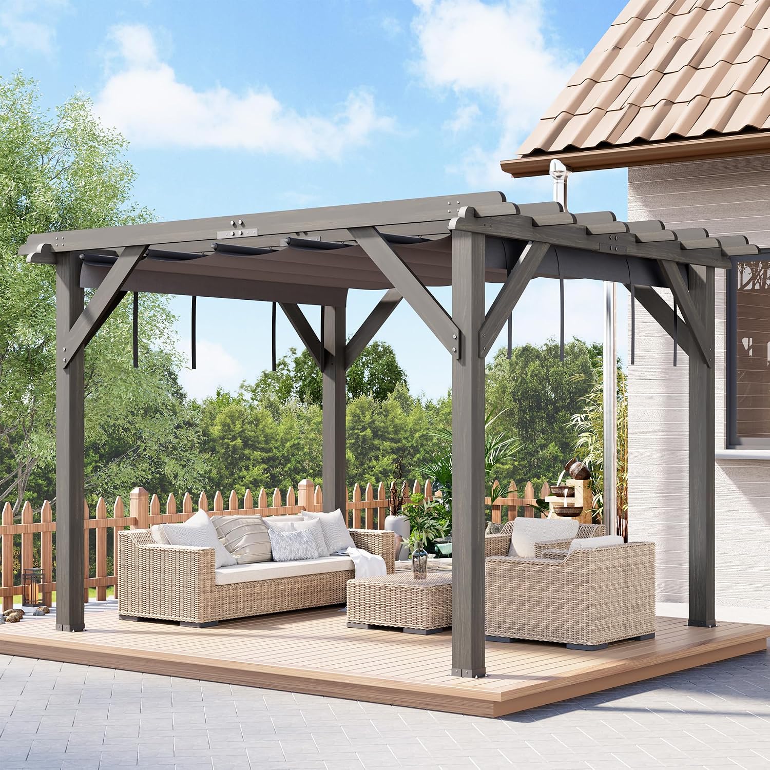 10x12 Ft Outdoor Spruce Wooden Gazebo Pergola with Canopy and Installation Kit, Premium Support Structure, Wind and Snow Resistant, Modern Outdoor Extendable Gazebo for Porches, Vines and Decks