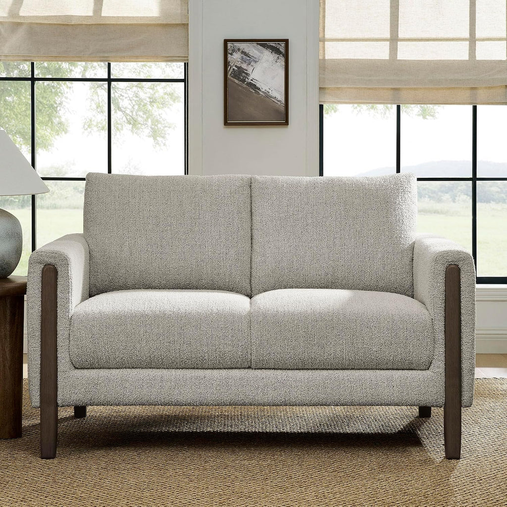 Modway Hawken 54 Inch Boucle Loveseat in Parchment Espresso with Wood Legs – Mid-Century Modern Small Space 2-Seater Sofa for Living Room, Bedroom, or Office Lounge