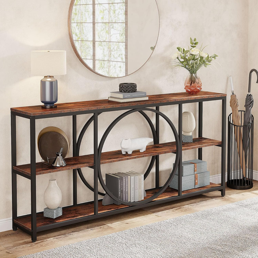 Tribesigns Extra Long Console Table, 70.9 inch Narrow Sofa Tables with 3 Tier Wood Storage Shelves Industrial Metal Frame for Entryway Hallway Living Room Behind Couch, Rustic Brown Black