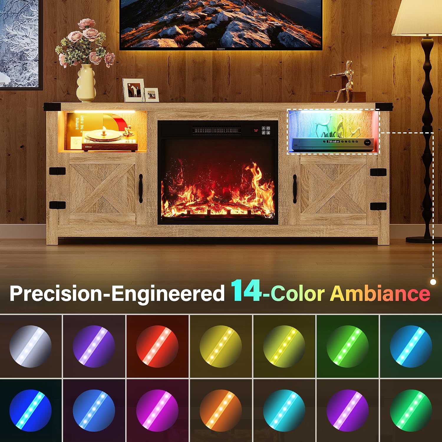 YESHOMY LED Fireplace TV Stand with Mood Lighting, TV Cabinet with Open Shelf, Farmhouse Media Console with Hidden Cable Routing, Entertainment Center for Televisions up to 65+ Inch, Natural Oak