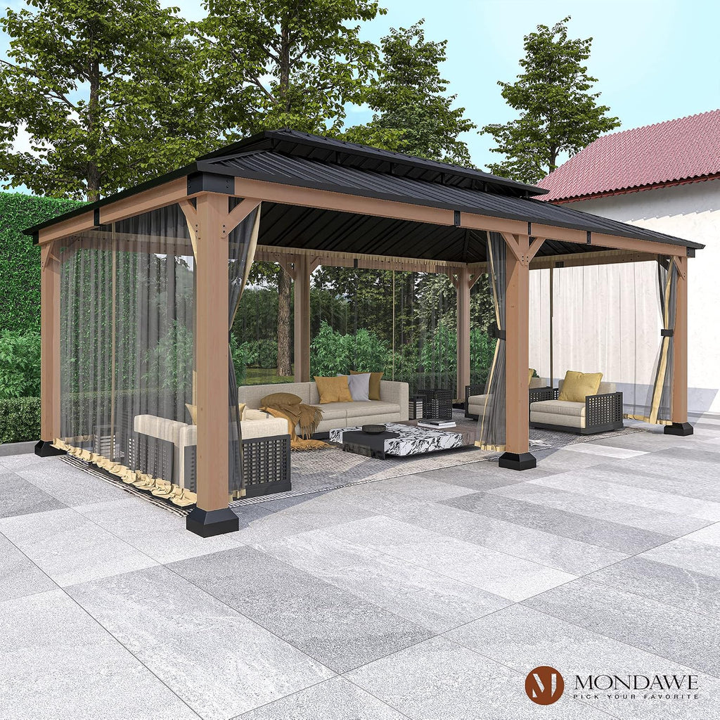 Cedar Wood Gazebo 12x20Ft Hardtop Gazebo with Netting, Outdoor Permanent Gazebo Pergola with Galvanized Steel Double Roof Pavilion for Patio Lawn Garden