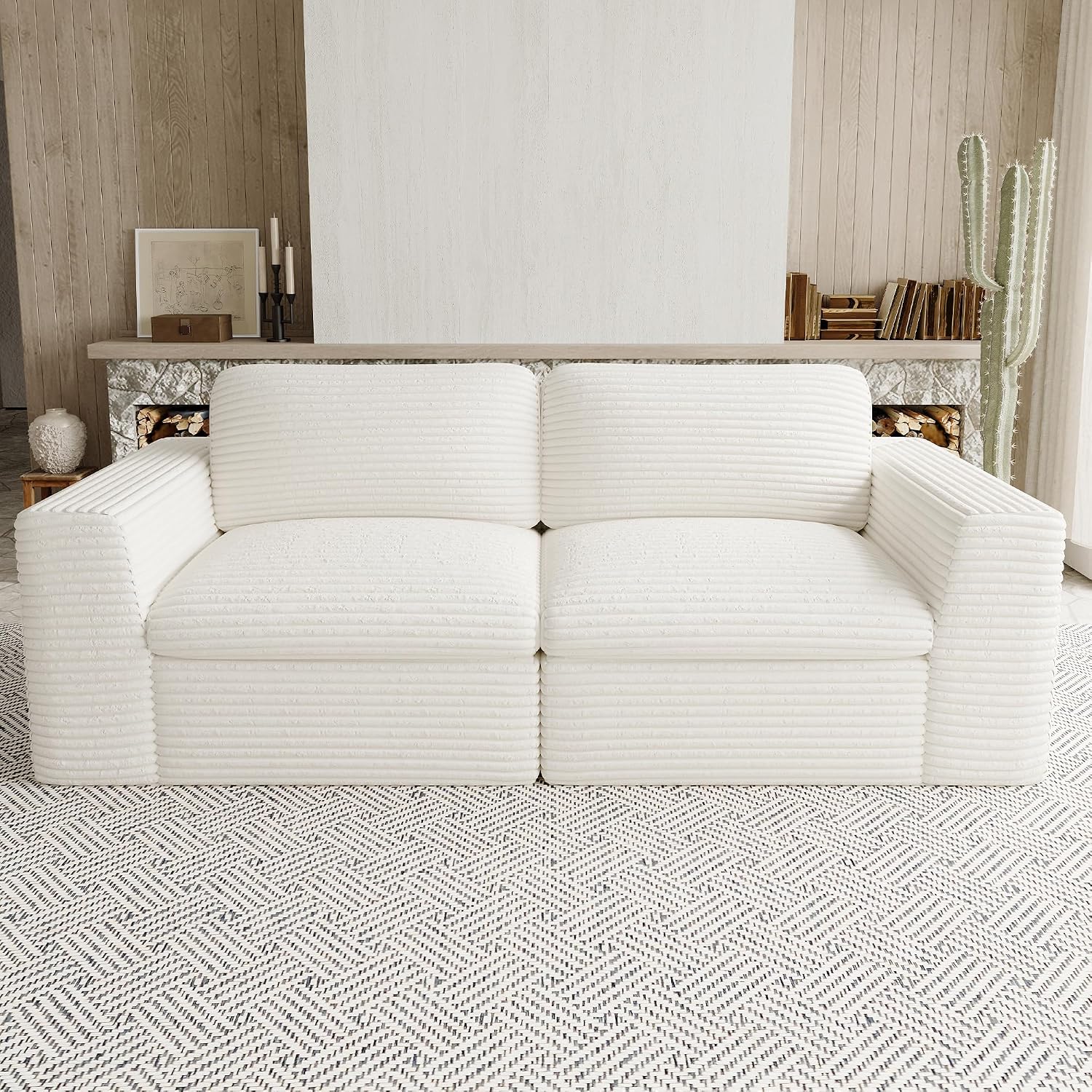 Boneless Loveseat Sofa Plush Corduroy Sectional Couch with Deep Seat Modular Cloud Sectional Couches for Living Room.Biege Sofa.